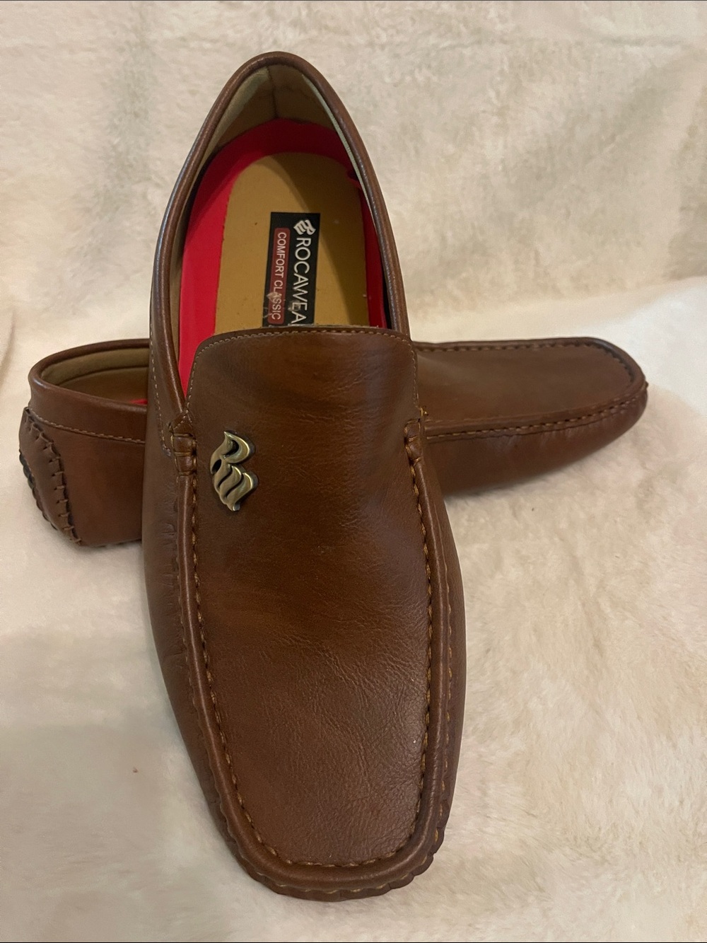 Rocawear Brown Leather Moc Toe Slip-On Loafers with Metal Logo - Picture 2 of 5